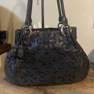 Brighton Valencia Navy Leather with Intricate Floral Embroidery Shoulder Bag